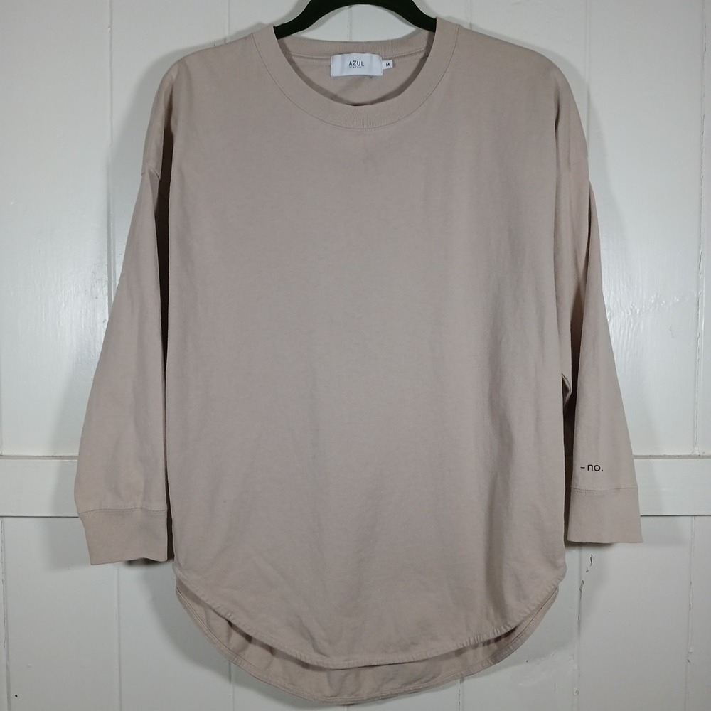 AZUL by MOUSSY Pocket T-Shirt Remember? No Curved Hem Women's Medium Tan Cotton - Picture 2 of 12